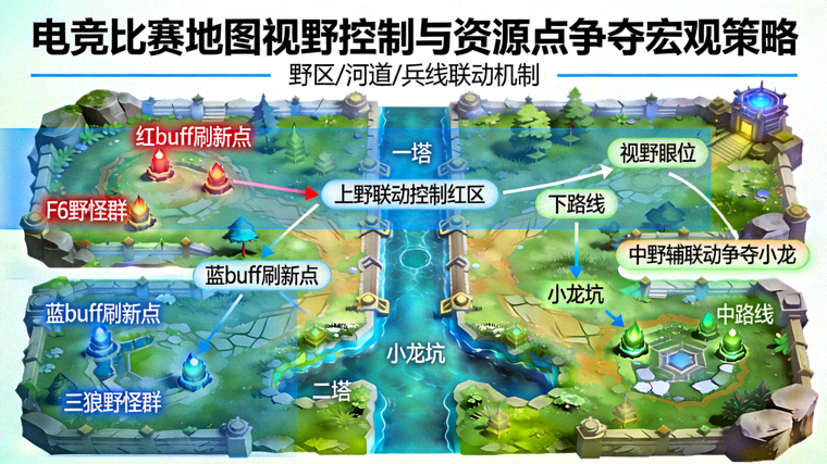 电竞比赛地图视野控制与资源点争夺的宏观策略示意图