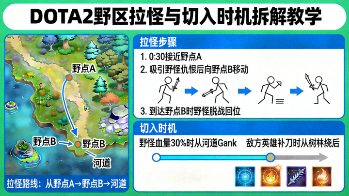 DOTA2野区拉怪与切入时机拆解的教学示意图