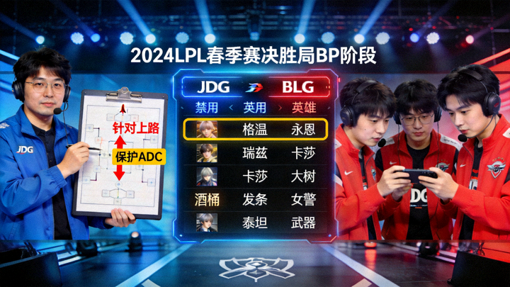 英雄联盟职业联赛春季赛决胜局BP禁选阶段的战术分析画面